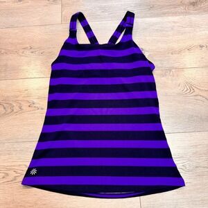 Athleta Optimism Workout Tank Top Striped Purple Black Built-In Bra Size Small S